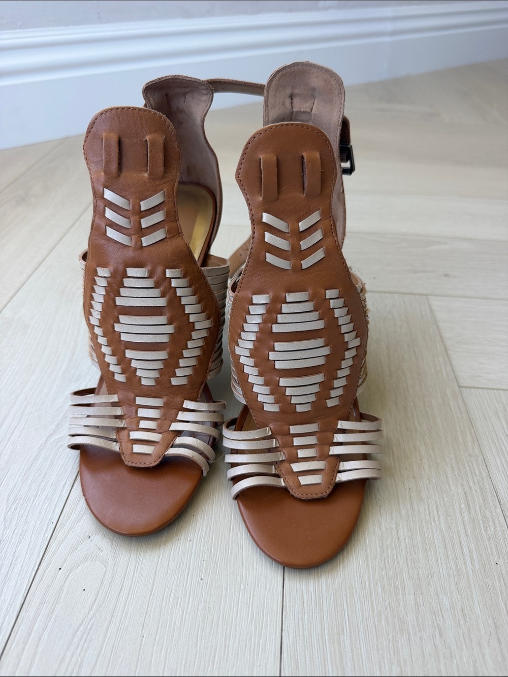 Dolce Vita Brown and Cream Woven Leather Heeled Sandals